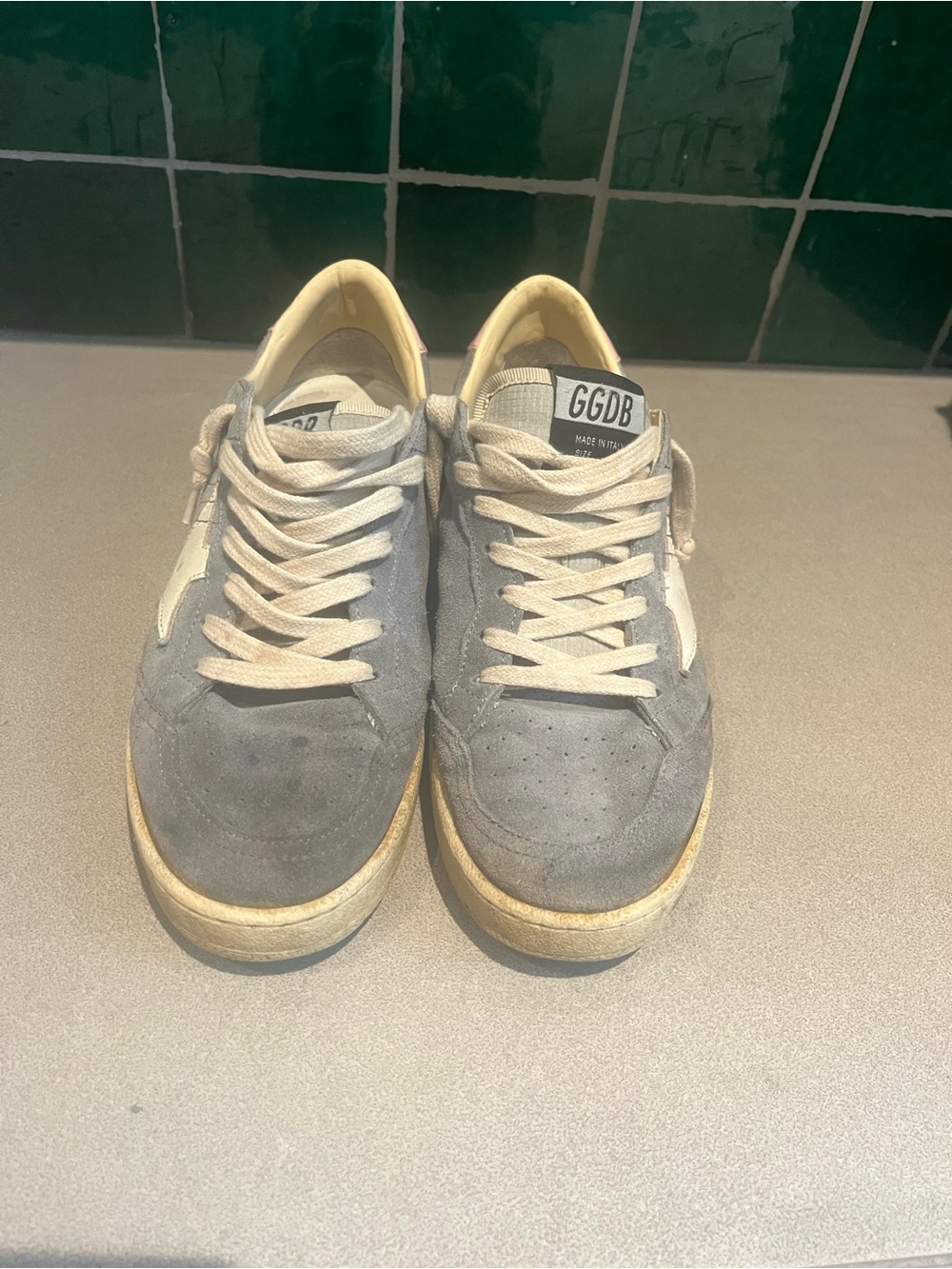 Ballstar Blue-ish/Grey Suede Low-Top Sneakers with Pink Heel Accent